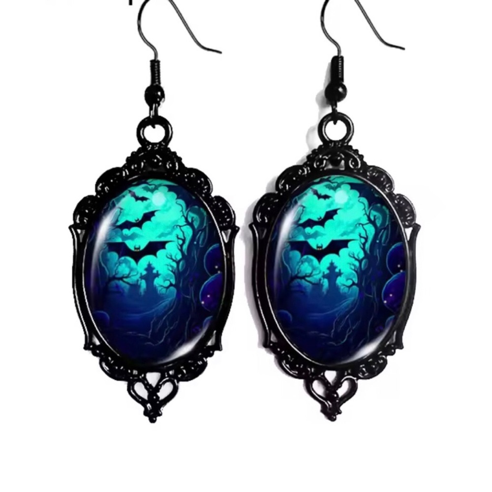 Halloween Mystic Night Blue Bat Cameo Earrings - Black Frame